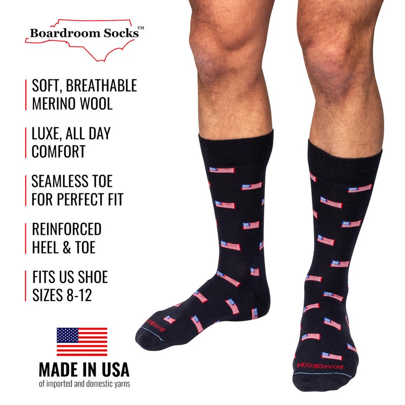 BoardroomSocks Merino Wool Mid-Calf Patterned Socks, Dress Socks for Men, Navy With American Flags - Image 2